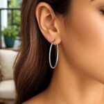 Women 14k White Gold Long Slim Oval Shape Hoop Earrings