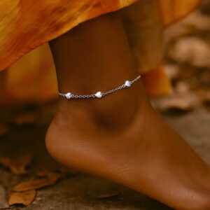 Women's 14K White Gold Puffed Heart Station Ankle Bracelet