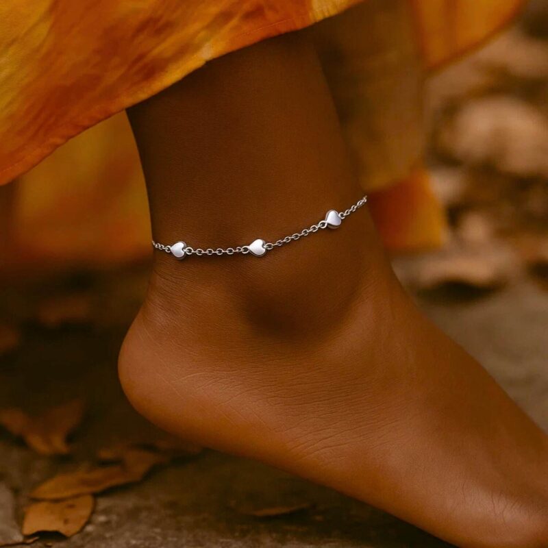 Women's 14K White Gold Puffed Heart Station Ankle Bracelet