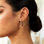 10k Yellow Gold Heart Hoop Earrings on Model 10k Yellow Gold Heart Hoop Earrings on Model