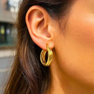 14K Yellow Gold Medium Interlocking Trinity Hoop Earrings for Women