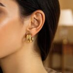 14K Yellow Gold Puffed Double Row C Hoop Earrings