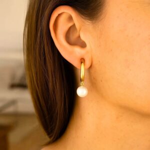 14k Gold Half Hoop Pearl Drop Earrings