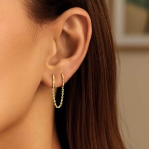 14k Gold Two Hole Chain Huggie Hoop Earrings