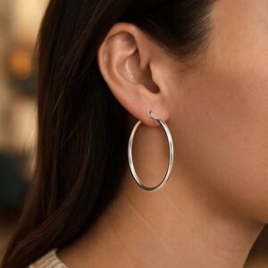 14k White Gold Round Hoop Earrings 40mm x 2mm for Women