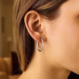 14k White Gold Simple Round Hoop Earrings 25mm x 4mm for Women