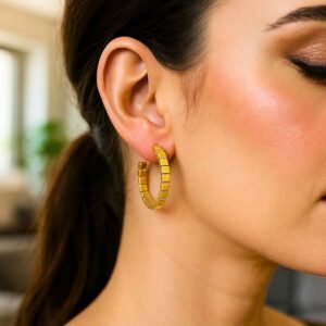 14k Yellow Gold Brick Omega Hoop Earrings on model