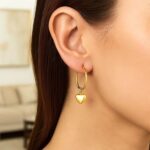 14k Yellow Gold Dangling Puffed Heart Hoop Earrings