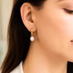 14k Yellow Gold Small Hoop Earrings with White Pearl Drop