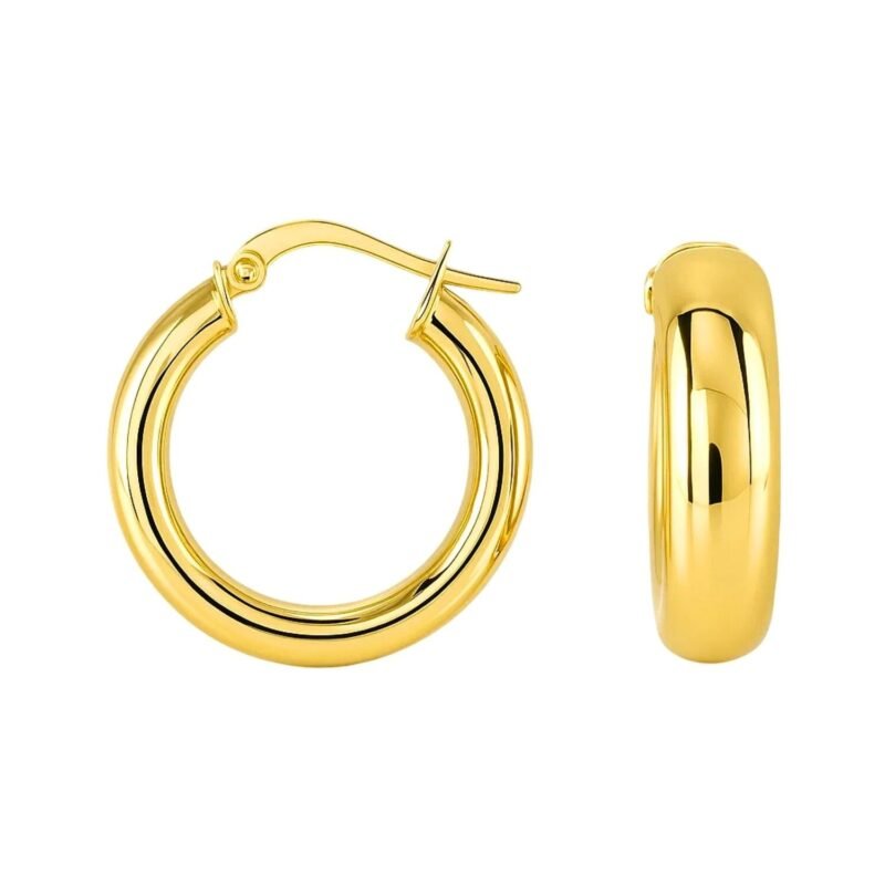 14k Yellow Gold Wide Hoop Earrings Medium Size with Snap Lock