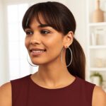 75mm Hoop Earrings Sterling Silver 3 Inch Rectangular Cut on Model