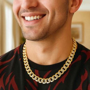 14k Two Tone Gold Pave Curb Chain Necklace 12mm for Men