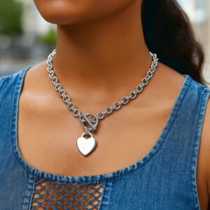 Sterling Silver Heart Toggle Charm Rolo Chain Necklace 8mm Thickness 18 Inch