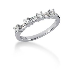 Seven Diamond Wedding Ring Band with Round and Baguette Diamonds 14k White Gold