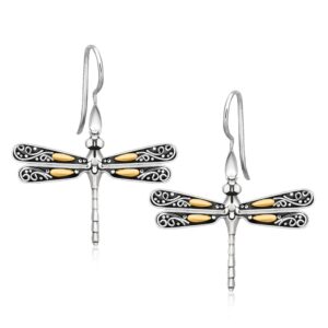 Dragonfly Drop Earrings 18k Yellow Gold & Sterling Silver