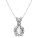 Diamond Halo Round Pendant Necklace with Split Bail 3/4 carat 14k White Gold