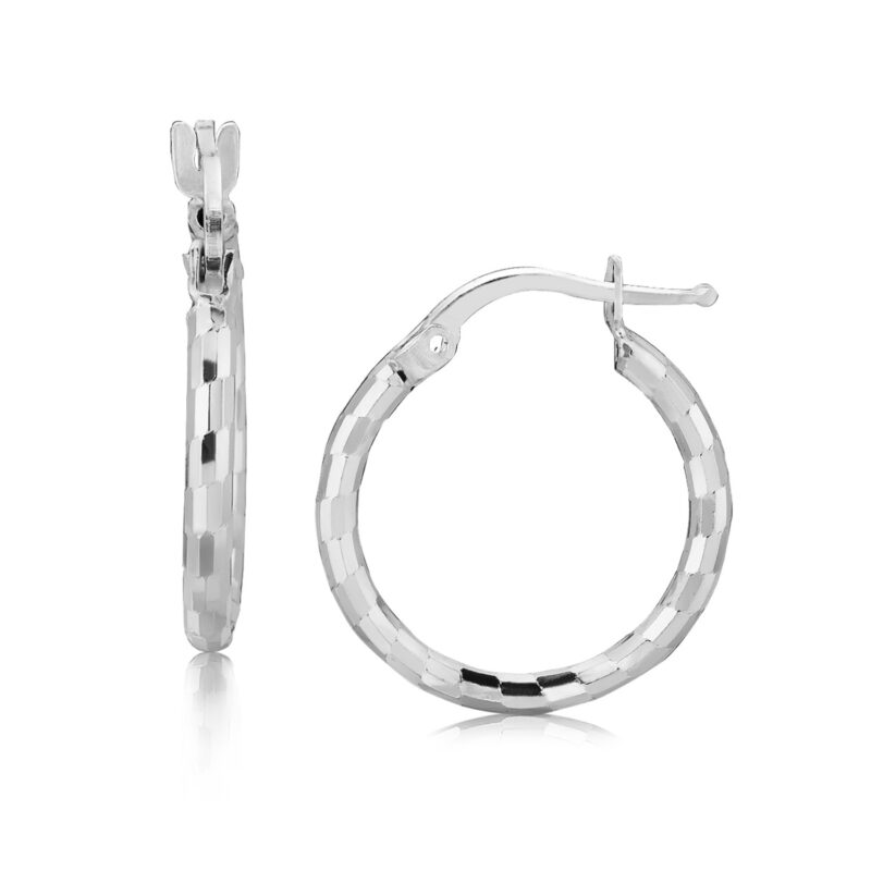 Very Small Hoop Earrings Sterling Silver Rhodium Plated Diamond Cut (2x15mm)