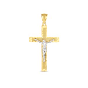 Large Jesus Crucifix Cross Pendant 14 karat Yellow and White Gold Diamond Cut
