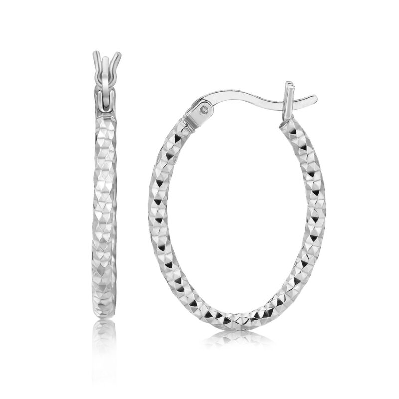 Sterling Silver Short Hoop Diamond Cut Texture Earrings with Rhodium Plating (2x15mm)