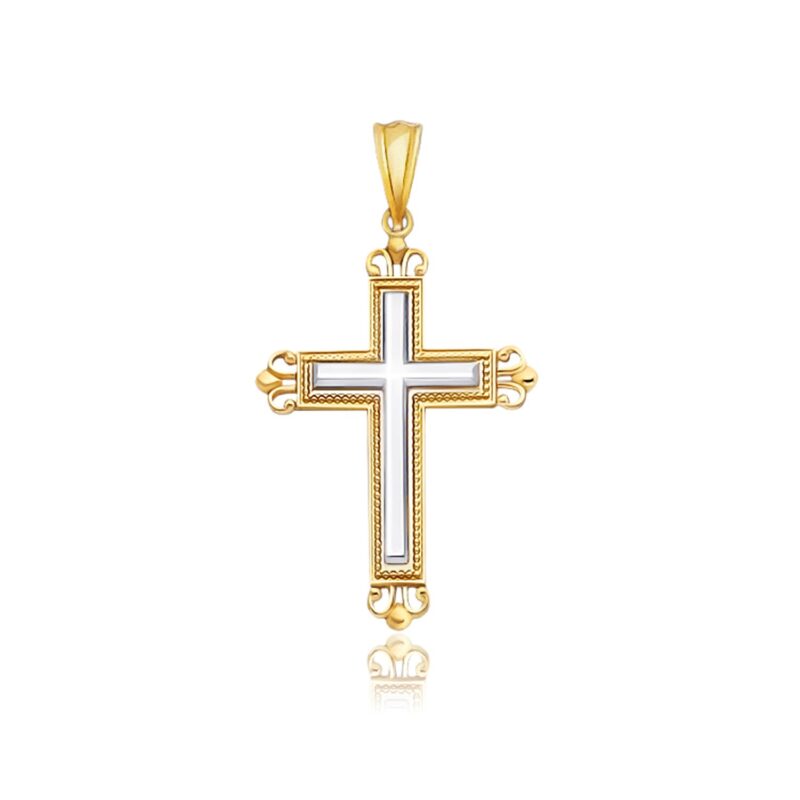 14k Two-Tone Gold Long Cross Pendant with an Ornate Budded Style