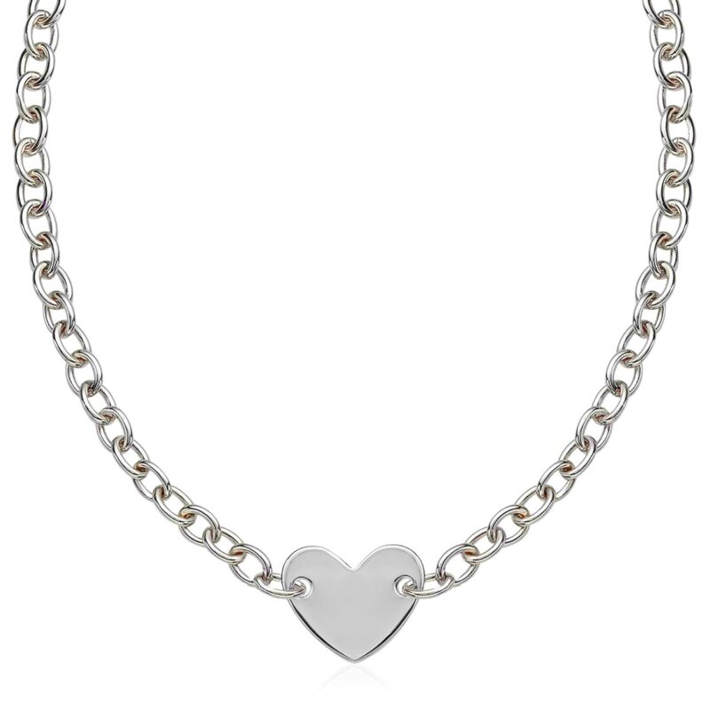 Chain Bracelet with a Flat Heart Station Sterling Silver