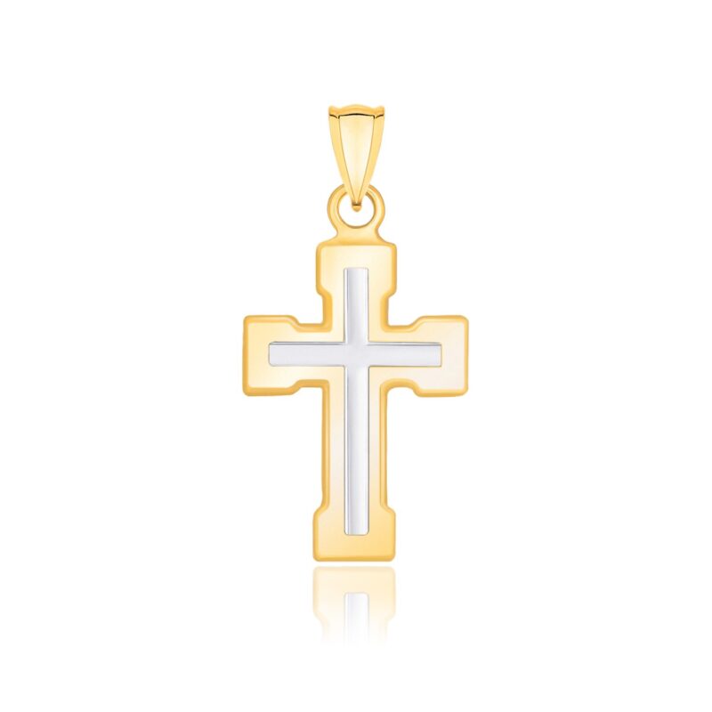 14k Two-Tone Gold Small Dual Cross Design Pendant with Block Ends