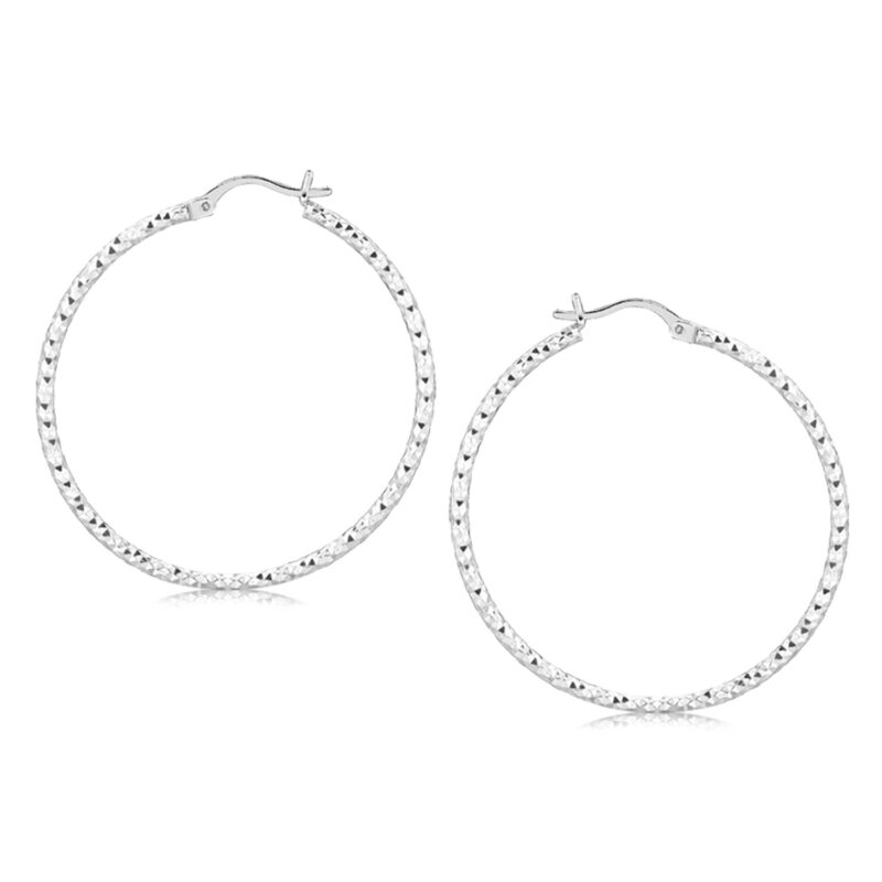 Large Hoop Earrings Faceted 925 Sterling Silver Rhodium Plated (2x40mm)