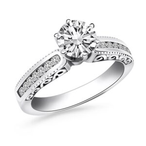 Channel Set Engagement Ring with Engraved Sides White Gold