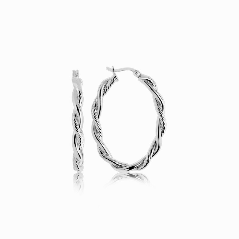 Oval Hoop Braided Earrings Diamond Cut 925 Sterling Silver (4x22mm)