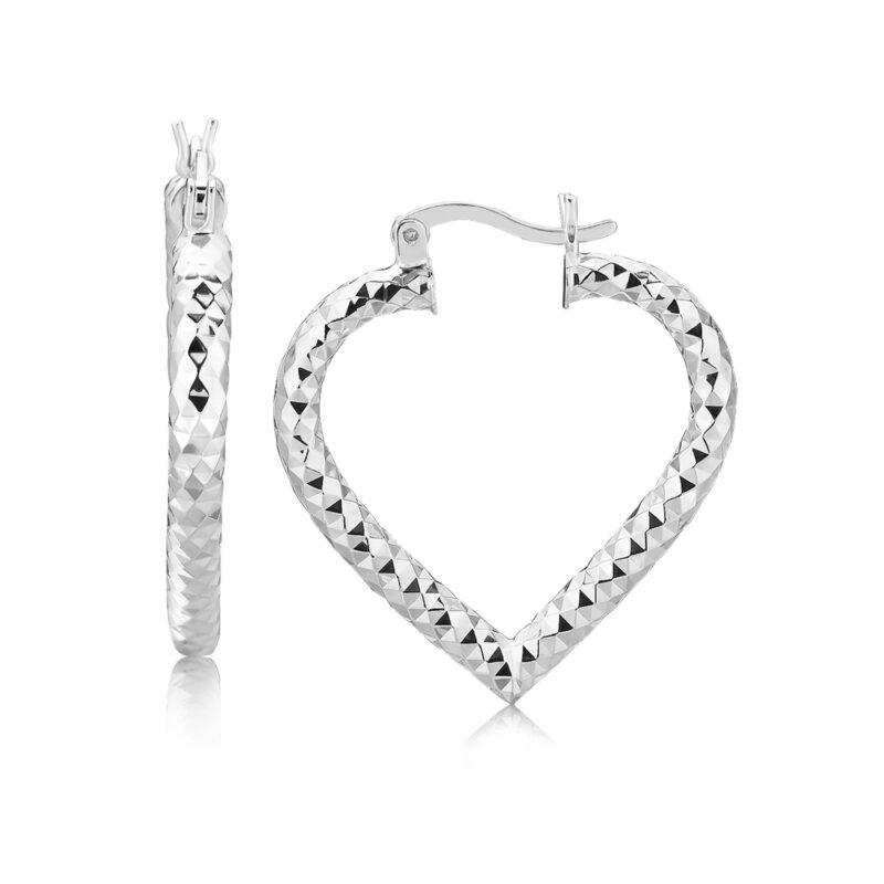 Small Heart Hoop Earrings Diamond Cut 925 Sterling Silver Rhodium Plated (3x22mm)
