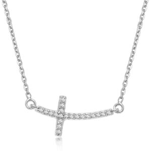 14k White Gold Curved Cross Diamond Studded Necklace 0.11 cttw D16575945