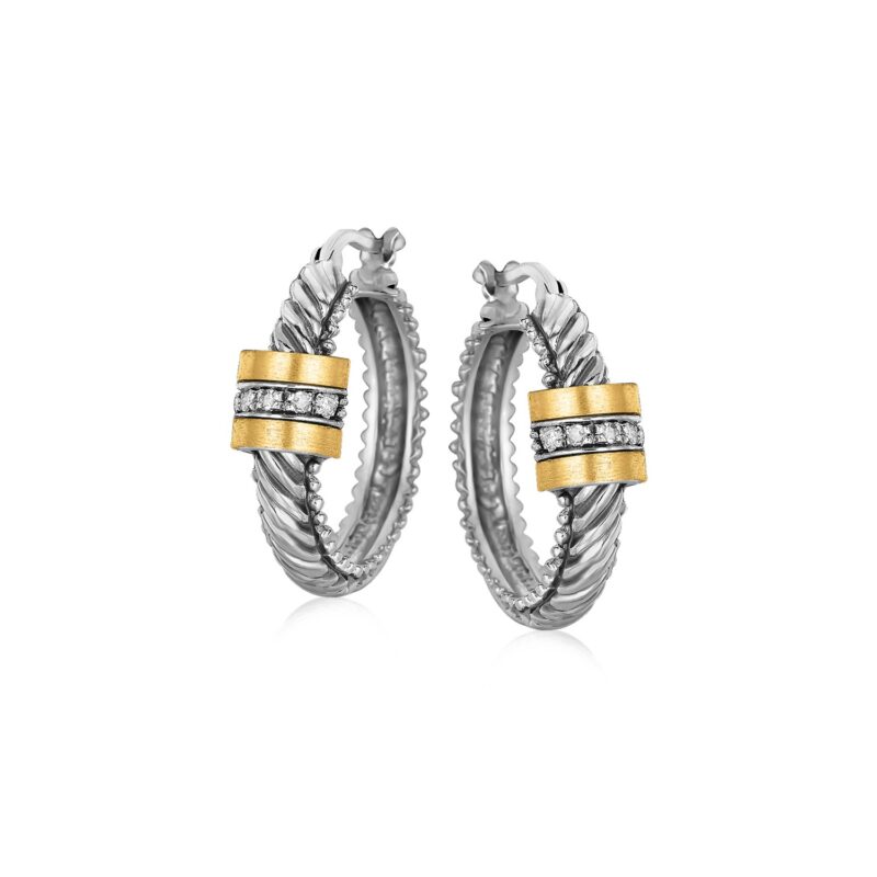 Italian Cable Hoop Earrings 18k Yellow Gold and Sterling Silver Diamond