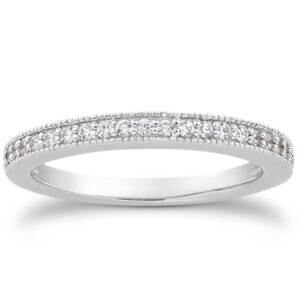 Pave Diamond Milgrain Wedding Ring Band Set 1/2 Around 14k White Gold