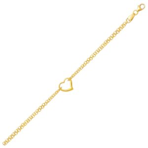 Open Heart Anklet 14k Yellow Gold Double Rolo Chain