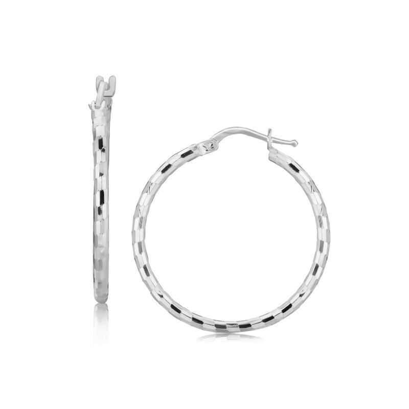 Sterling Silver Hoop Diamond Cut Earrings with Rhodium Plating (2x26mm)