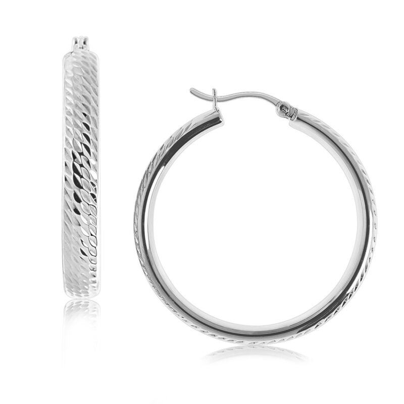 Hoop Marquise Earrings Diamond Cut Sterling Silver Rhodium Plated (3x30mm)