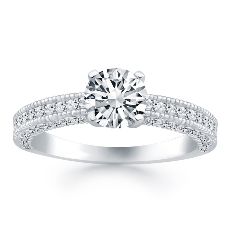 Gold Diamond Micropave Milgrain Engagement Ring 14k White