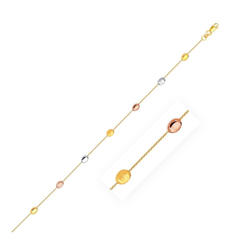 Adjustable Anklet 14k Gold Tri-Color Puffed Oval Shape Station