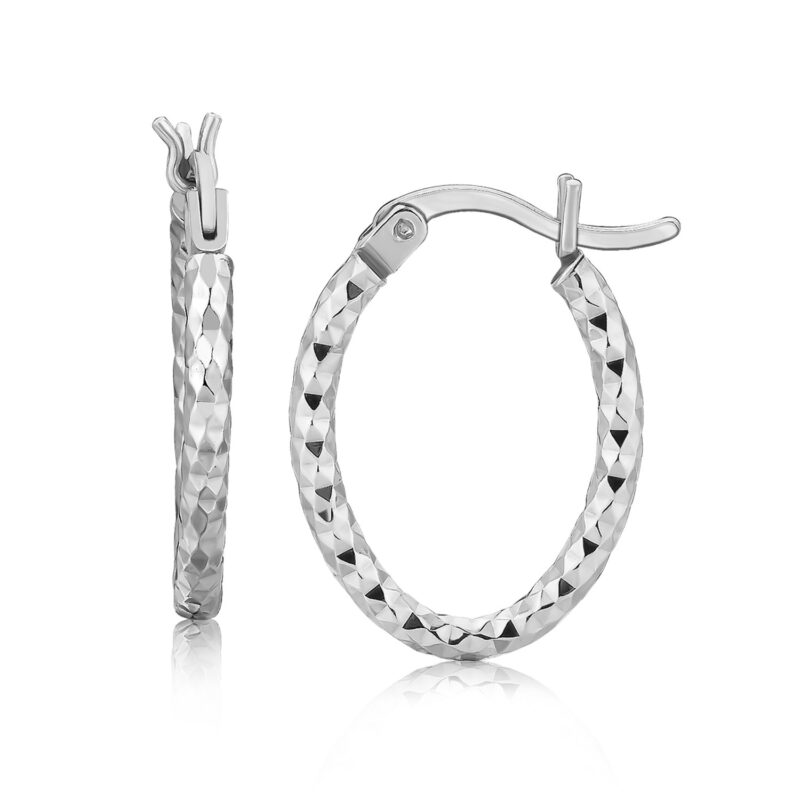 Oval Hoop Earrings Diamond Cut Textured Sterling Silver Rhodium Plated (2x10mm)