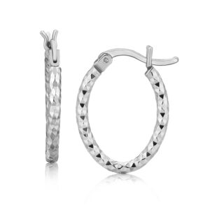 Oval Hoop Earrings Diamond Cut Textured Sterling Silver (2x10mm)