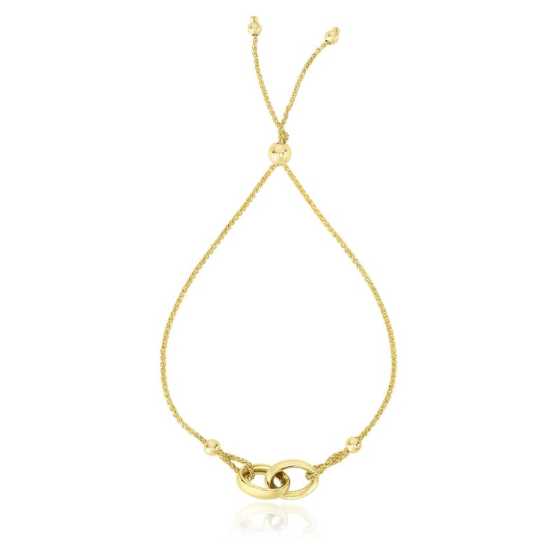 14k Yellow Gold Entwined Rings Adjustable Lariat Bracelet