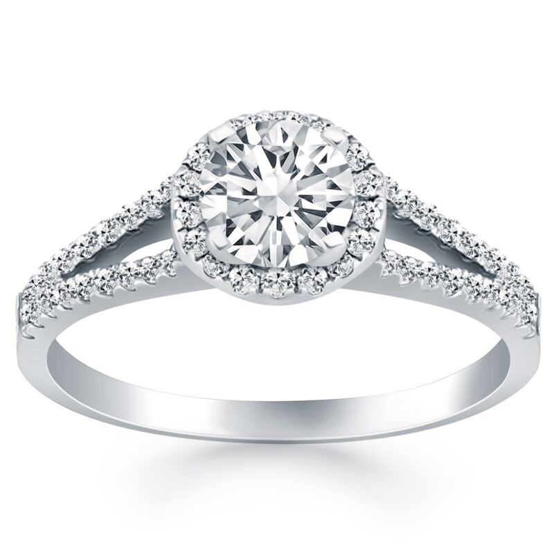 Diamond Halo Split Shank Engagement Ring White Gold