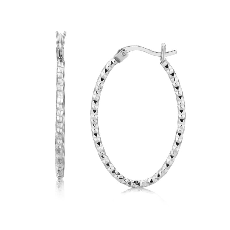 Textured Diamond Cut Small Hoop Earrings Sterling Silver Rhodium Plated (2x25mm)