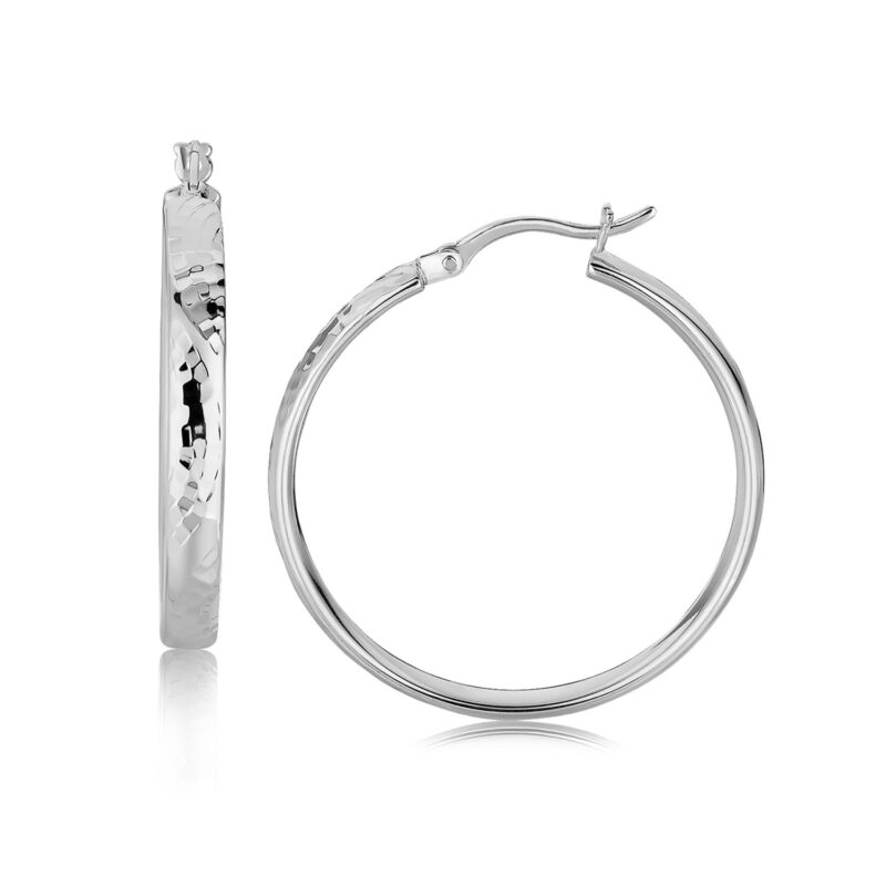 Hammered Hoop Earrings Sterling Silver Rhodium Plating (4x30mm)
