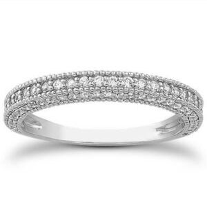 Fancy Pave Diamond Milgrain Textured Wedding Ring Band 14k White Gold