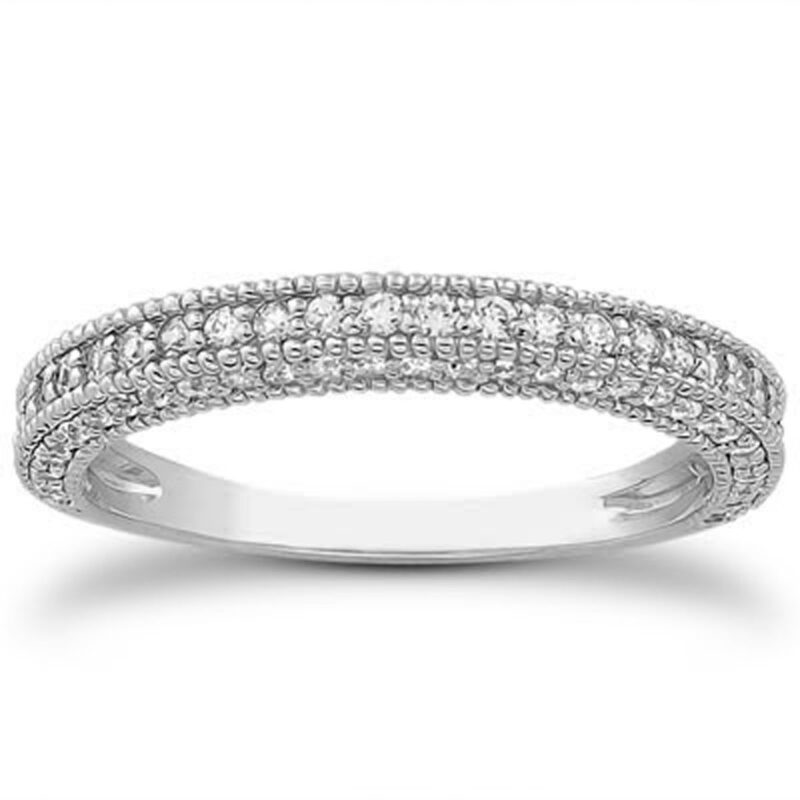 Fancy Pave Diamond Milgrain Textured Wedding Ring Band 14k White Gold