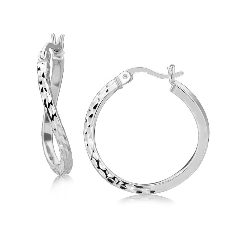 Twist Hoop Diamond Cut Earrings Sterling Silver Rhodium Plated (2x20mm)