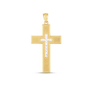 14k Solid Gold Cross Pendant Yellow & White Diamond Cut