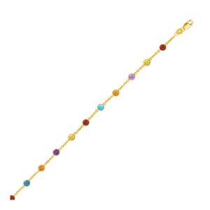 14k Yellow Gold Cable Anklet with Colorful Stones