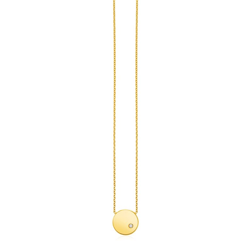 14k Yellow Gold Necklace with Polished Round Pendant with Diamond